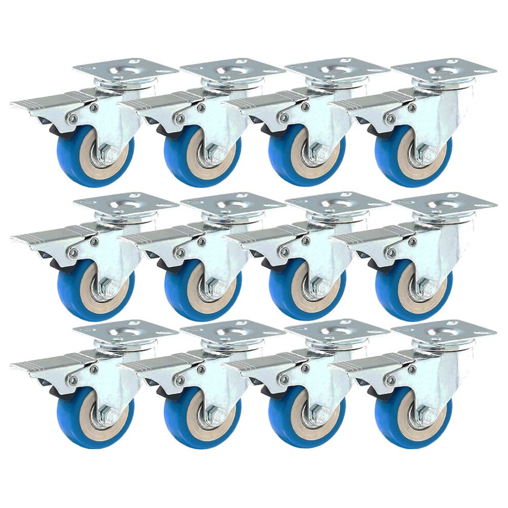 12 Pack With Brake Caster Wheels Swivel Plate Casters On Blue Polyurethane Wheels Pu 4913333172053
