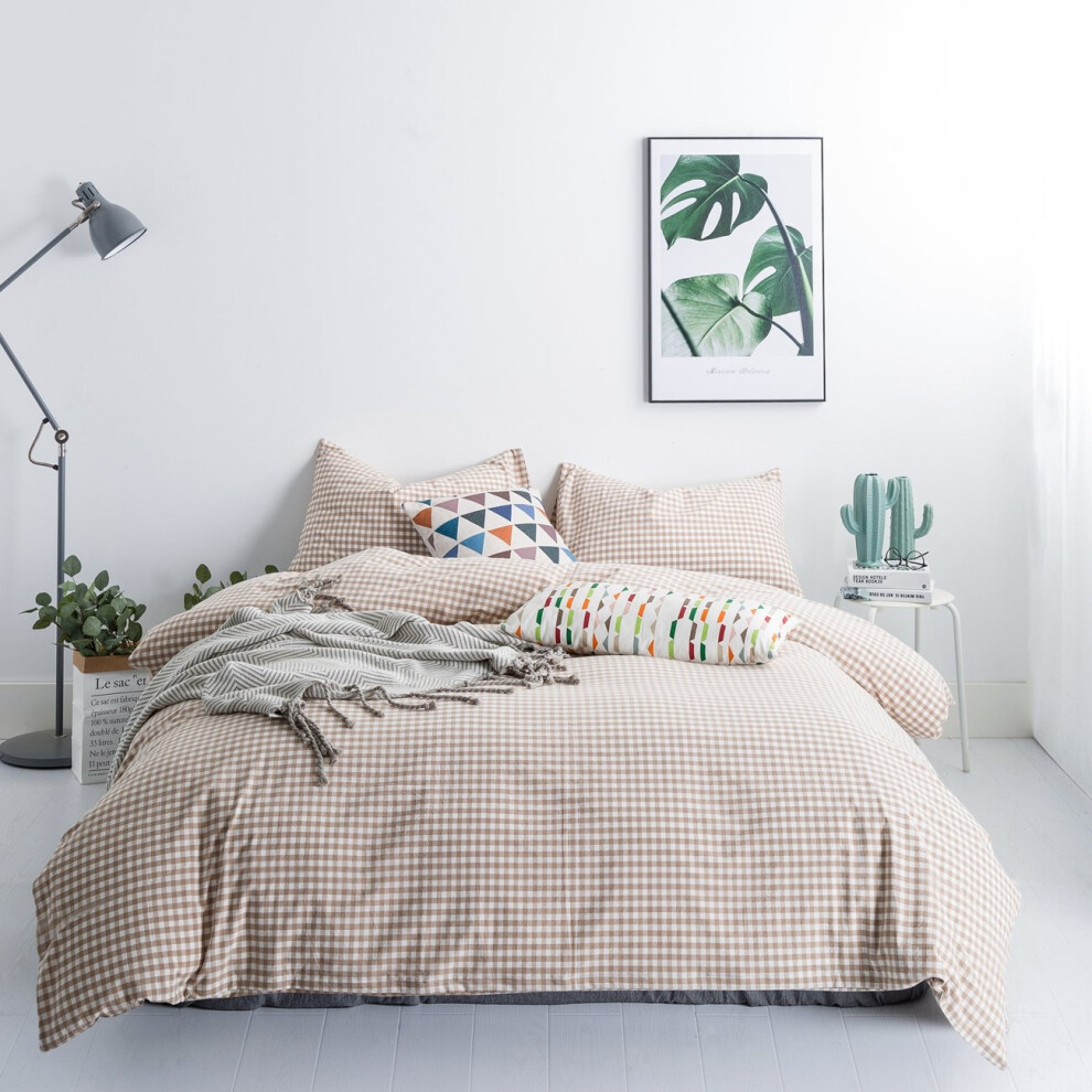 SUSYBAO Housse de couette vichy beige King size 100 % coton lavé Parure de lit 3 pièces à carreaux beiges 1 housse de couette à carreaux avec fer