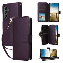 (dark purple) Wallet Case for Samsung Galaxy A26 5g Magnetic Closure Wrist Strap Zipper Pocket Pu Leather 9 Card Holder