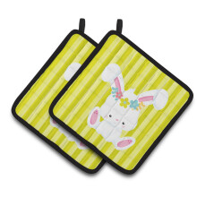 Caroline's Treasures Easter White Rabbit with Flowers Pair of Pot Holders 7.5 x 7.5 Multicolor