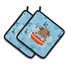"Caroline's Treasures BB7077PTHD Cão a tomar banho Par de Suportes para Panelas, 7.5 x 7.5", Multicolorido"