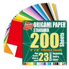 Taro's Origami Studio Standard 6 Inch One Sided 23 Colors 200 Sheets Square Easy Fold Premium Japanese Paper for Beginner Gold and Silver Included