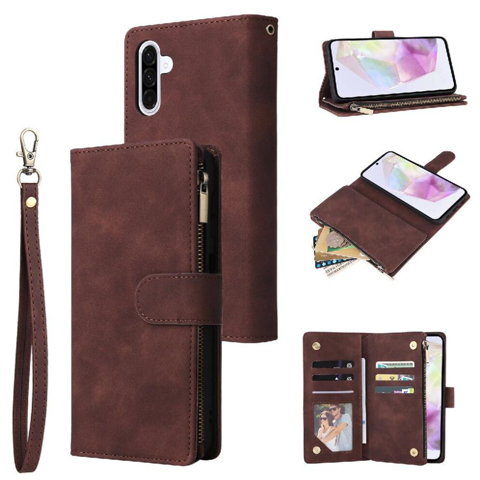 Photos - Case  Zipper Pocket  for Samsung Galaxy A26 5g 9 Card Holder Photo Pocket Wrist Strap Pure Color Cash Slots(Brown)
