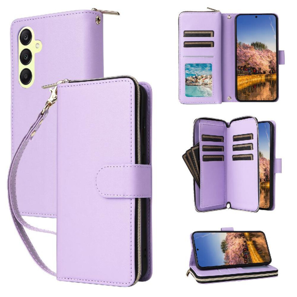 ( Violet) Wallet Case For Samsung Galaxy A25 9 Card Holder Magnetic Closure Crossbody And Wrist Strap Zipper Pocket Pu Leather Light 764490320306