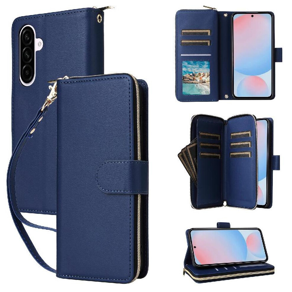 (Blue) Wallet Case For Samsung Galaxy A56 Zipper Pocket Pu Leather Magnetic Closure 9 Card Holder Crossbody And Wrist Strap Blue 764490320498