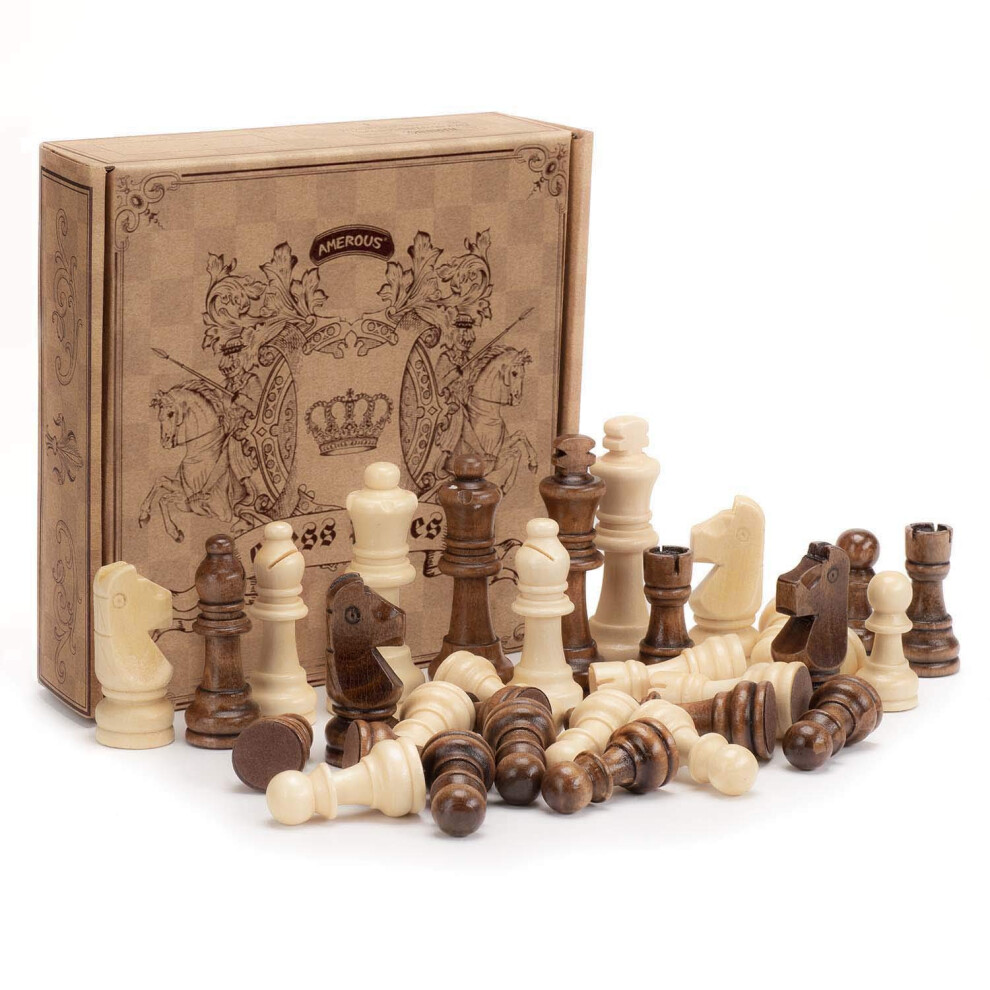AMEROUS Wooden Chess Pieces Only Staunton Style Wood Chessmen with 3.15"""""""" King - Storage Bag - Gift Packed Box Tournament Chess Game Pawns for-image-OPC-PFDSWBF-NEW