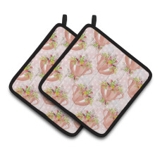 Caroline's Treasures Tea Cup and Flowers Pink Decorated Pot Holder 7.5 x 7.5 Multicolor