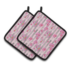 Caroline's Treasures Watercolor Pink Flowers Grey Stripes Decorated Pot Holder 7.5 x 7.5 Multicolor