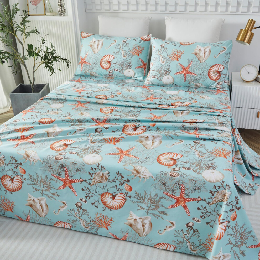 Parure de lit de luxe nautique Brandream, king size, en coton    gyptien, avec poches profondes, 45,7 cm, motif coquillages et corail, pour chambre