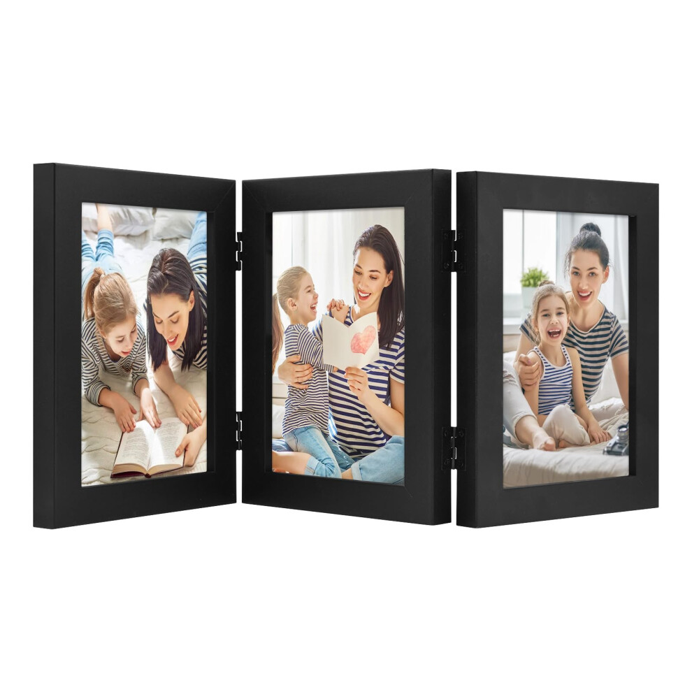 Golden State Art  5x7 Three Picture Frame Hinged Photo Frame Folding Wedding Family Frames Collage with Glass 5x7 Triple  Black
