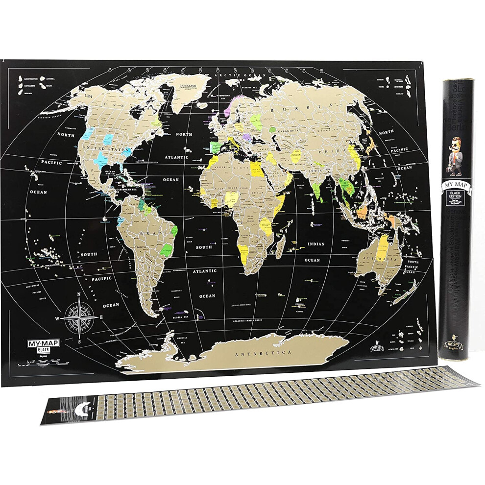 Carte du monde    gratter Mymap Argent 35x25 Punaise Carte de voyage Carte murale Poster    gratter avec punaises Tube d  taill   et drapeaux