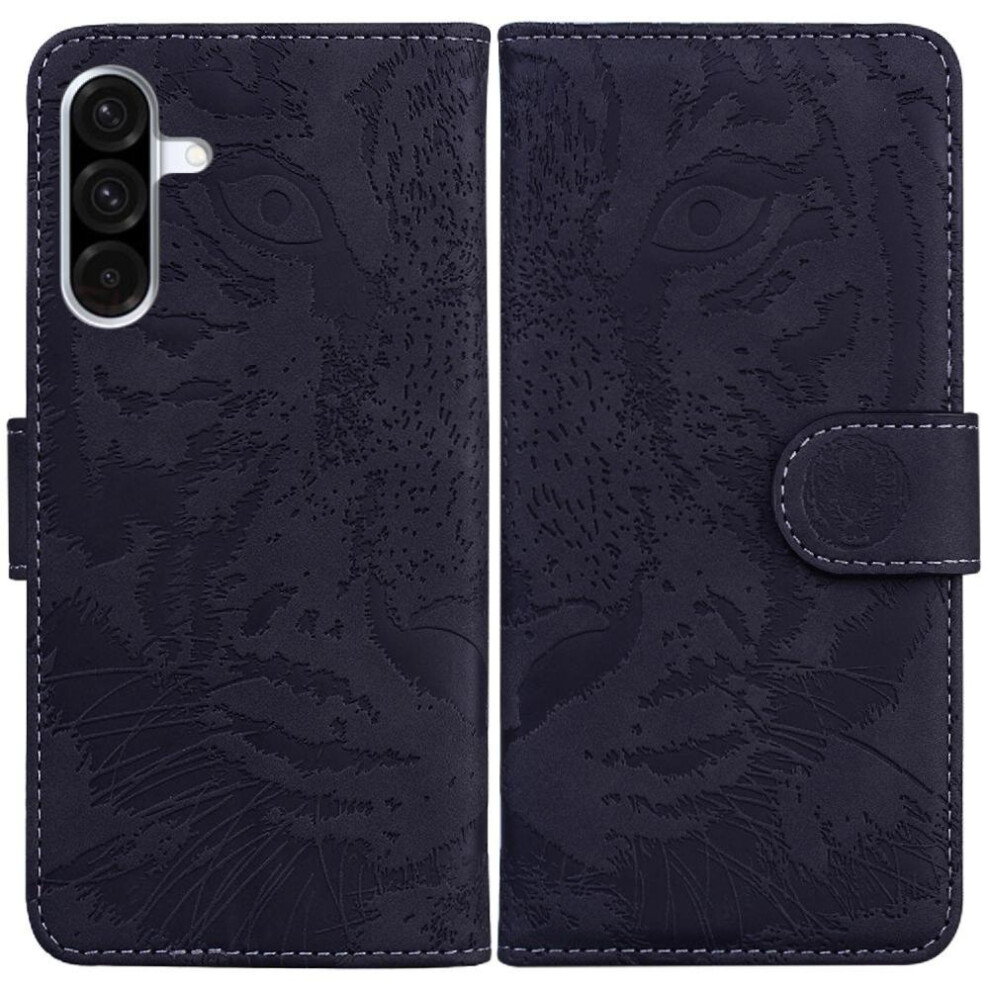 (Black) Flip Case For Samsung Galaxy A26 Kickstand Protective Embossed Cute Tiger Leather Wallet Black 764490324977