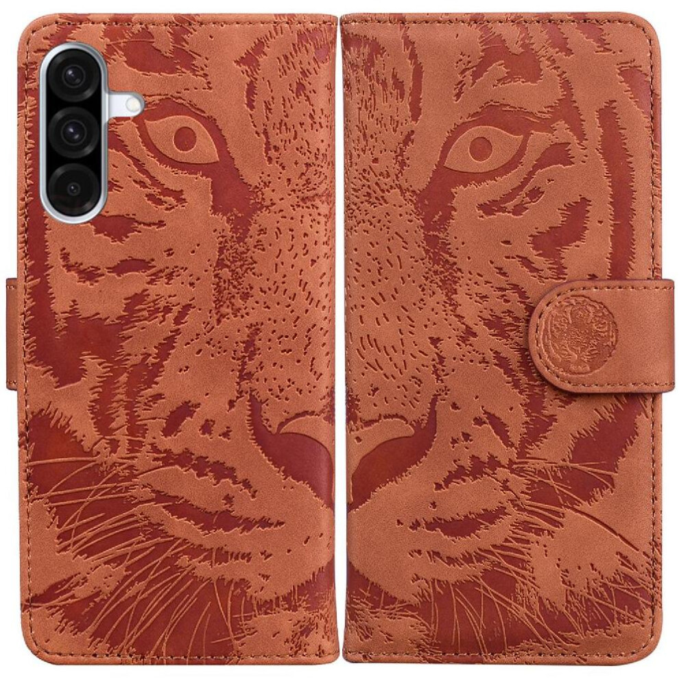 (Brown) Flip Case For Samsung Galaxy A26 Kickstand Protective Embossed Cute Tiger Leather Wallet Brown 764490325028