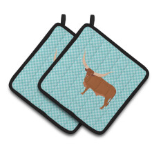 Caroline's Treasures Ankole-Watusu Cow Blue Check Decorated Pot Holder  7.5 x 7.5