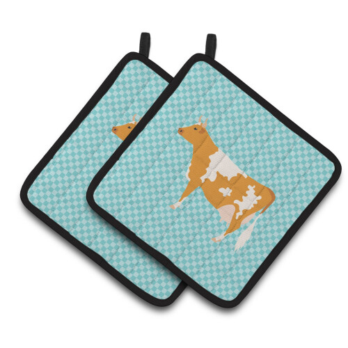 Suporte para Panelas Decorado com Vaca Guernsey e Xadrez Azul, 7,5" x 7,5"