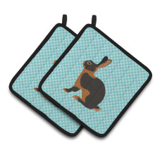 Suporte para Panelas Decorado com Coelho e Xadrez Azul, 7,5" x 7,5"