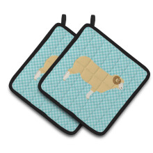 Acessórios de Cozinha: Apoios de Panelas com Ovelhas Dorset em Xadrez Azul, 7.5" x 7.5"