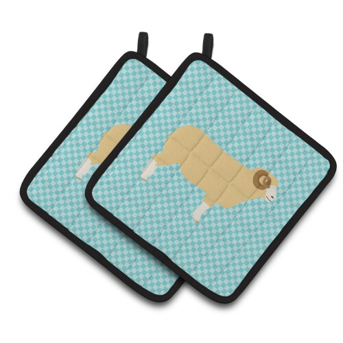 Acessórios de Cozinha: Apoios de Panelas com Ovelhas Dorset em Xadrez Azul, 7.5" x 7.5"