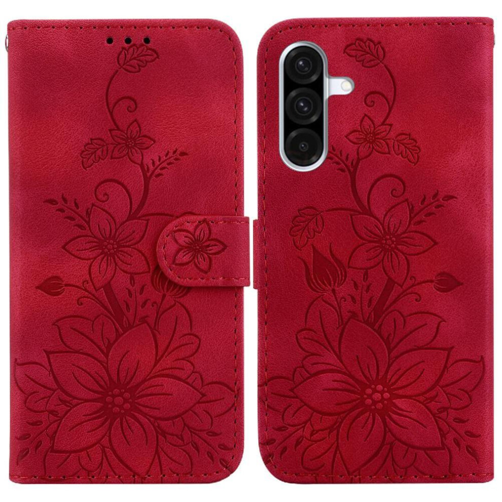 (Red) Flip Case For Samsung Galaxy A26 Wallet Embossed Lily Card Holder Magnetic Kickstand Red 764490326704