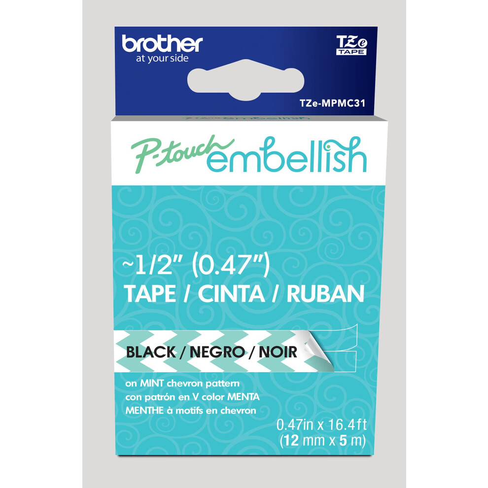 Brother P-Touch Embellish Black Print on Mint Chevron Pattern Tape TZEMPMC31 - ~ Wide x 13.1 Long for use with P-Touch Embellish Ribbon & Tape Printer