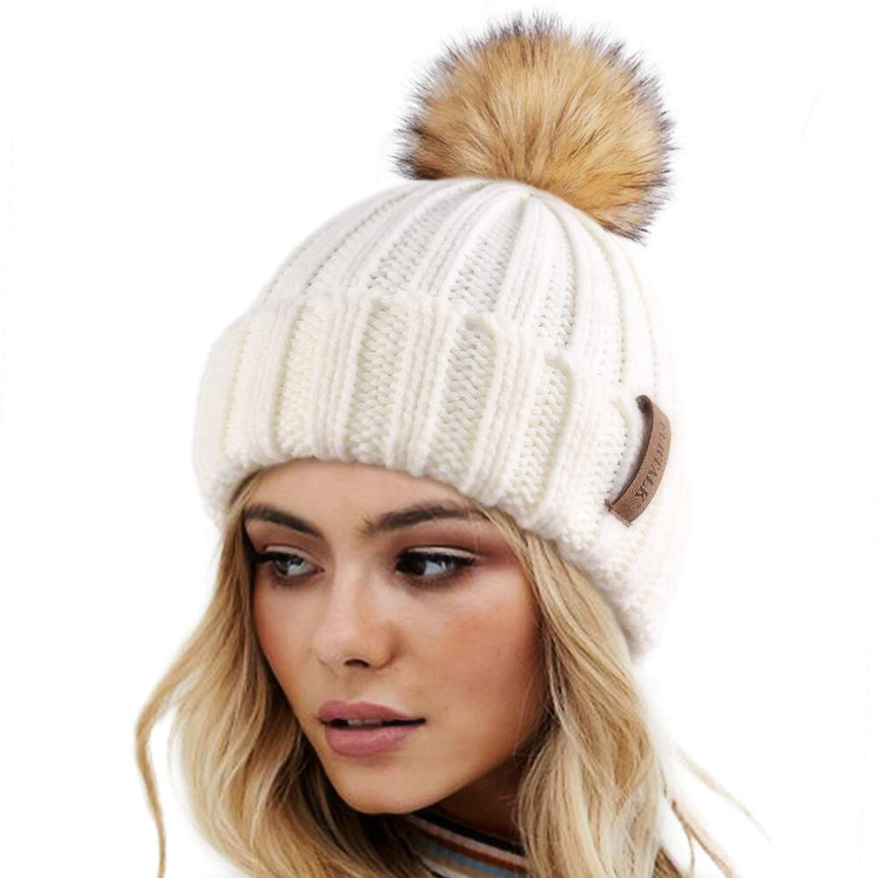 FURTALK Womens Winter Knitted Beanie Hat with Faux Fur Pom Warm Knit Skull Cap Beanie for Women