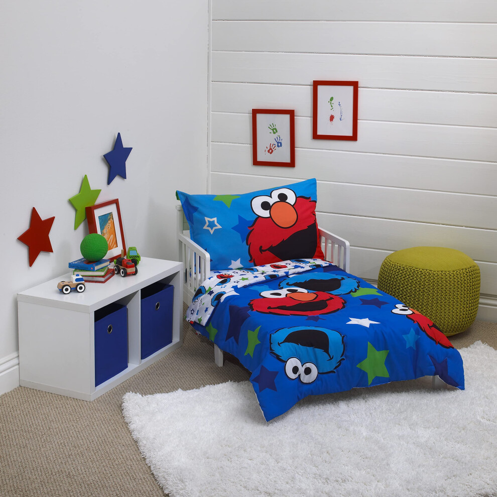 Sesame Street Awesome Buds Elmo/Cookie Monster 4 Piece Toddler Bed Set  Blue/Red/Green  4 Piece Set