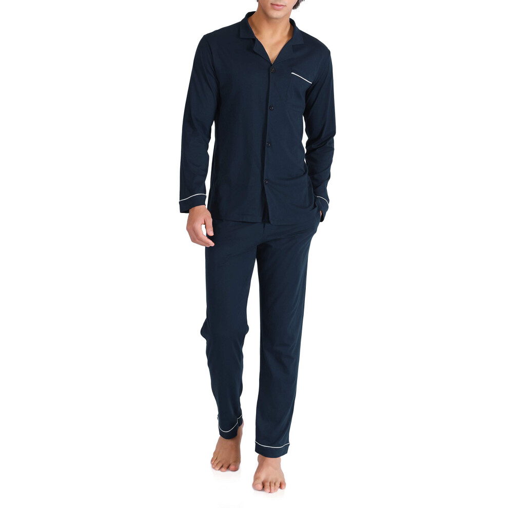 DAVID ARcHY Ensemble pyjama long boutonn? 100 % coton pour homme, taille L, bleu marine