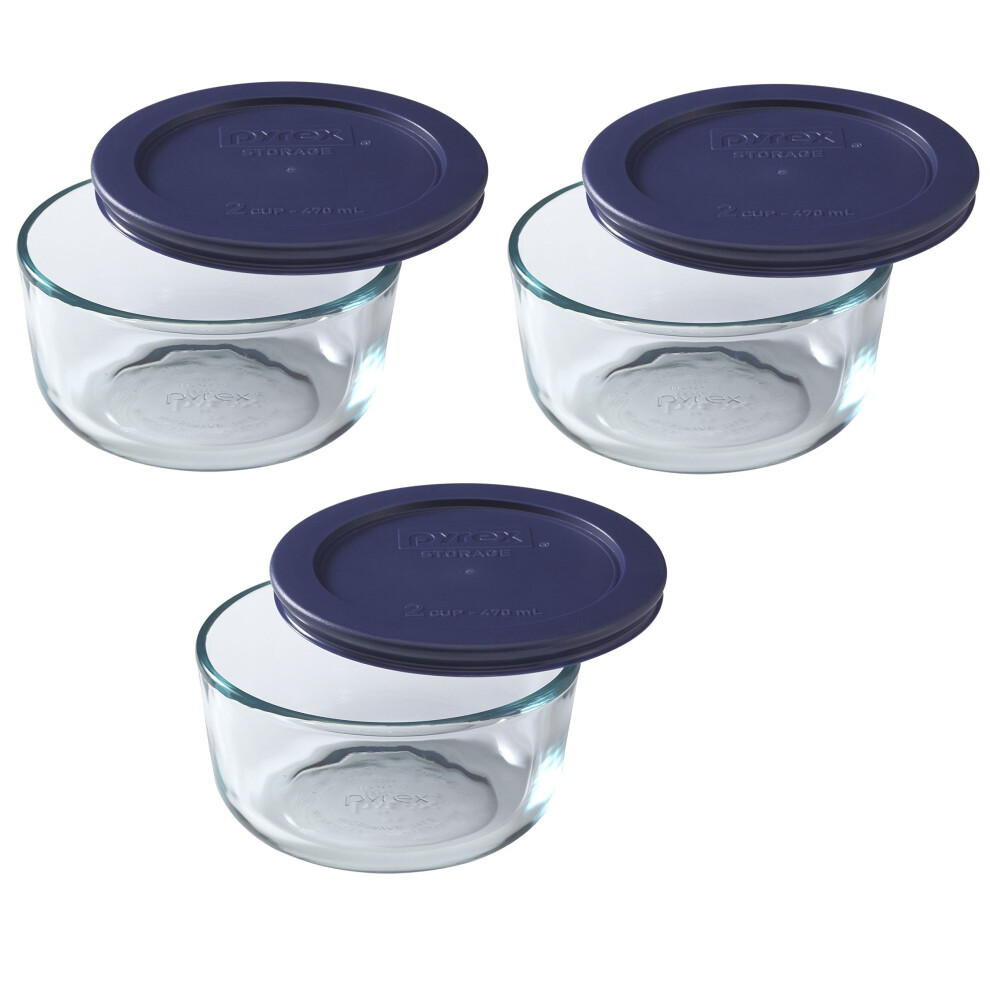Pyrex 2 Cup Storage Round Container with Dark Blue Plastic Lids - Original Genuine Pyrex -Made in the USA - 3 Pack