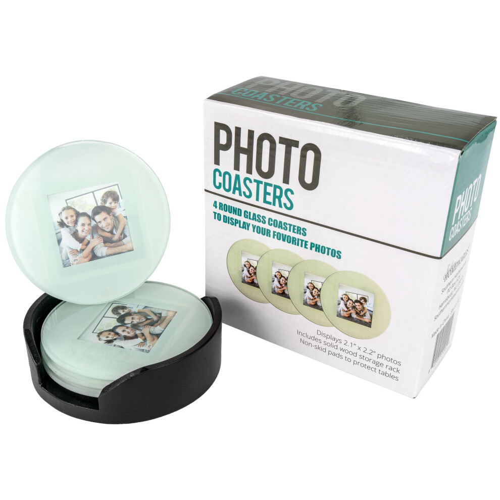 Okragla Szklana Ramka Na Zdjecia Z Drewnianym Stojakiem Do Przechowywania (Zestaw 4 Szt.)-image