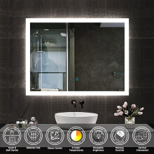 80 x 60cm LED Bathroom Mirror Demister Pad Shaver Socket 3-Colour Mode