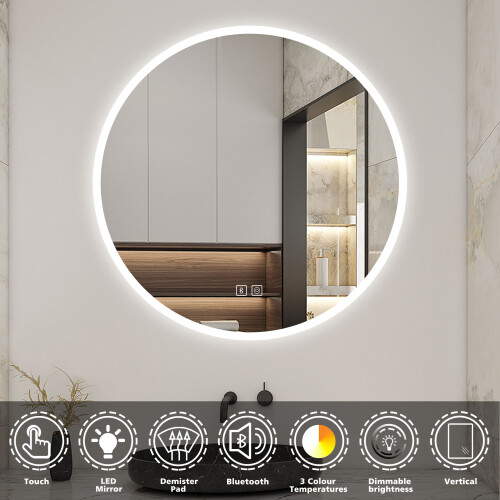 600mm Bluetooth LED Round Mirror Anti-Fog Adjustable 3-Colour Mode