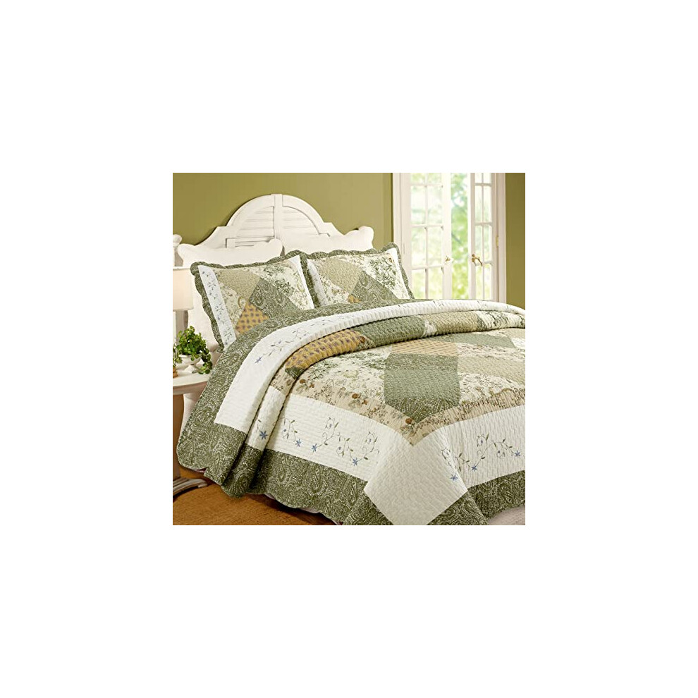 Cozy Line Home Fashions Floral Real Patchwork Vert Beige Kaki Jaune Bordure festonn   e Country 100% coton Parure de lit Couvre-lit r   versible