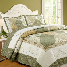 Conjunto de Colcha Floral em Patchwork Verde Bege Caqui Amarelo 100% Algodão Reversível