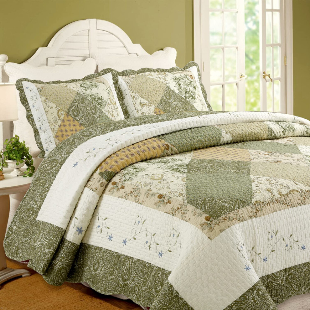 Cozy Line Home Fashions Floral Real Patchwork Vert Beige Kaki Jaune Bordure festonn   e Country 100% coton Parure de lit Couvre-lit r   versible