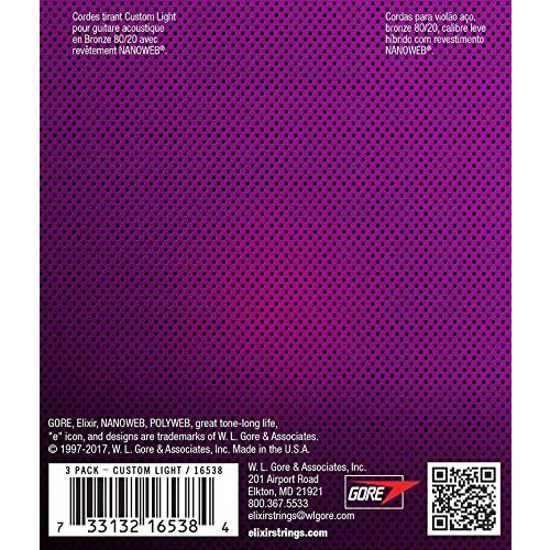 Elixir Strings 80/20 Bronze Akustiske Guitar Strings med NANOWEB Coating 3-Pack Custom Light .011-.052 (16538) 2