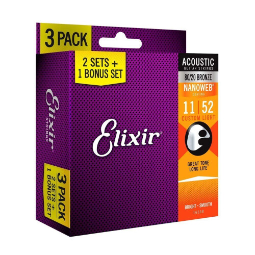 Elixir Strings 80/20 Bronze Akustiske Guitar Strings med NANOWEB Coating 3-Pack Custom Light .011-.052 (16538) 1