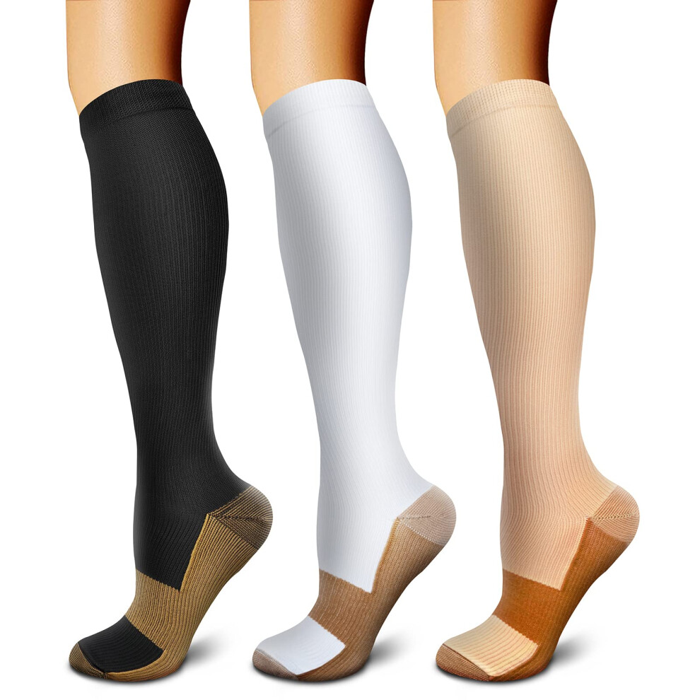 FEYHAY Copper Compression Socks 3 Pairs 15-20 mmHg Circulation is Best Athletic & Daily for Men & Women Running Climbing Small-Medium 02 Black/Whit