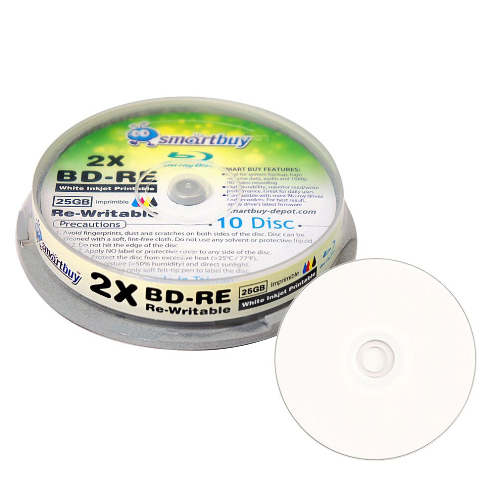 10 Pack Smartbuy 2X 25Gb Blu-Ray Bd-Re Rewritable Inkjet Hub Printable Blank Bluray Disc Blue/White 846122032204
