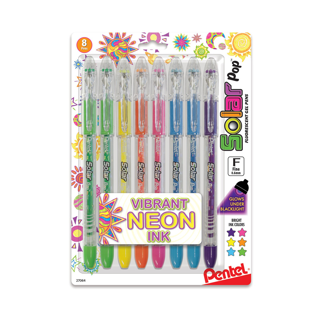 Pentel Solar Pop Neon Gel Pen  0.6mm Fine Line  Assorted Colors  Pack of 8 (K96BP8M)