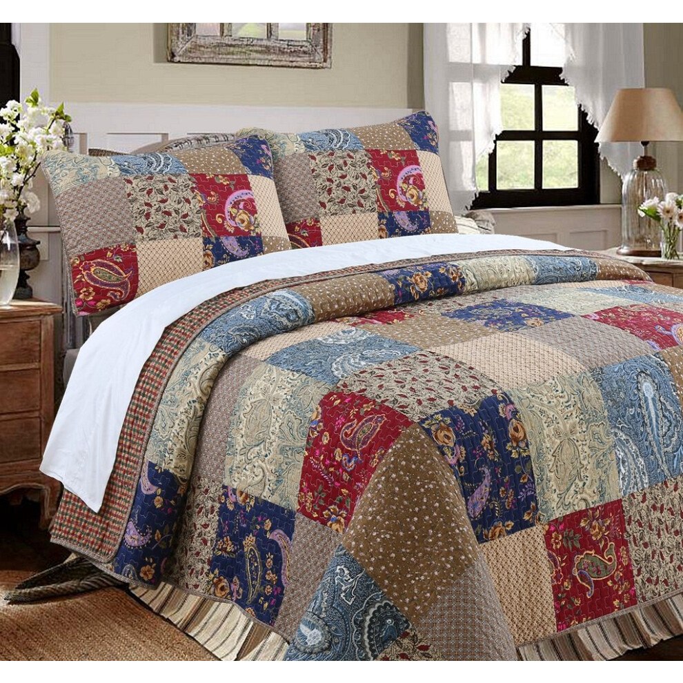 Cozy Line Home Fashions Sanders Parure de lit r   versible 100 % coton     imprim    floral rouge, bleu marine et marron (Queen - 3 pi   ces)