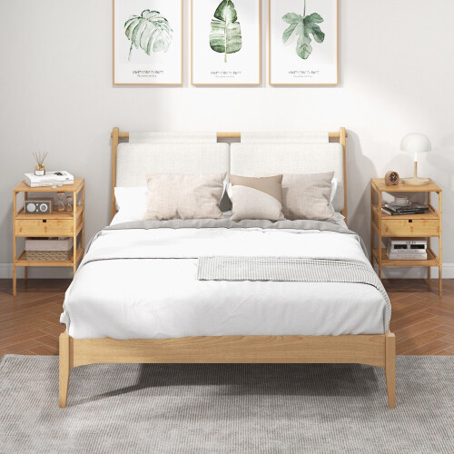 Costway 2Pcs Bamboo Nightstand Bedside Table Modern Side Table Storage Cabinet w/Drawer 2