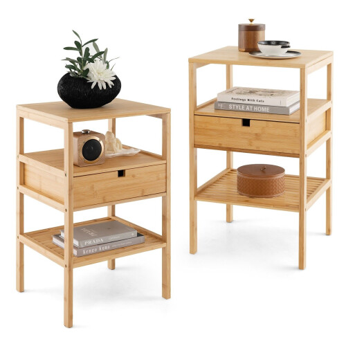 Costway 2Pcs Bamboo Nightstand Bedside Table Modern Side Table Storage Cabinet w/Drawer