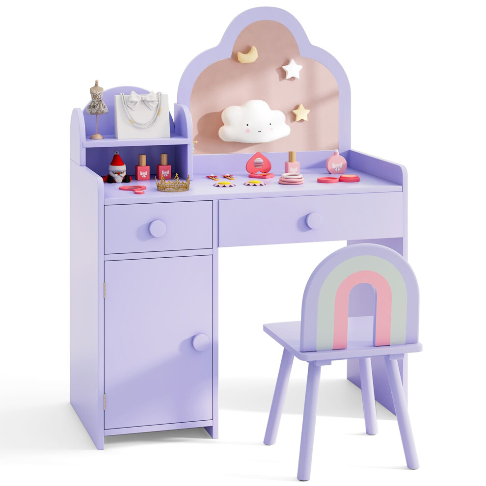 Kids Vanity Table and Chair Set Girls Vanity Set w/ Cloud-shaped Mirror Purple