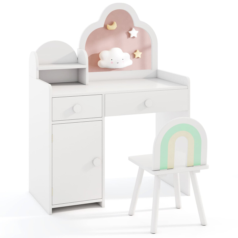 Kids Vanity Table and Chair Set Girls Vanity Set w/ Cloud-shaped Mirror White