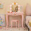 Costway Kids Vanity Set Princess Vanity Table & Chair Set w/Lighted Mirror-Pink 4