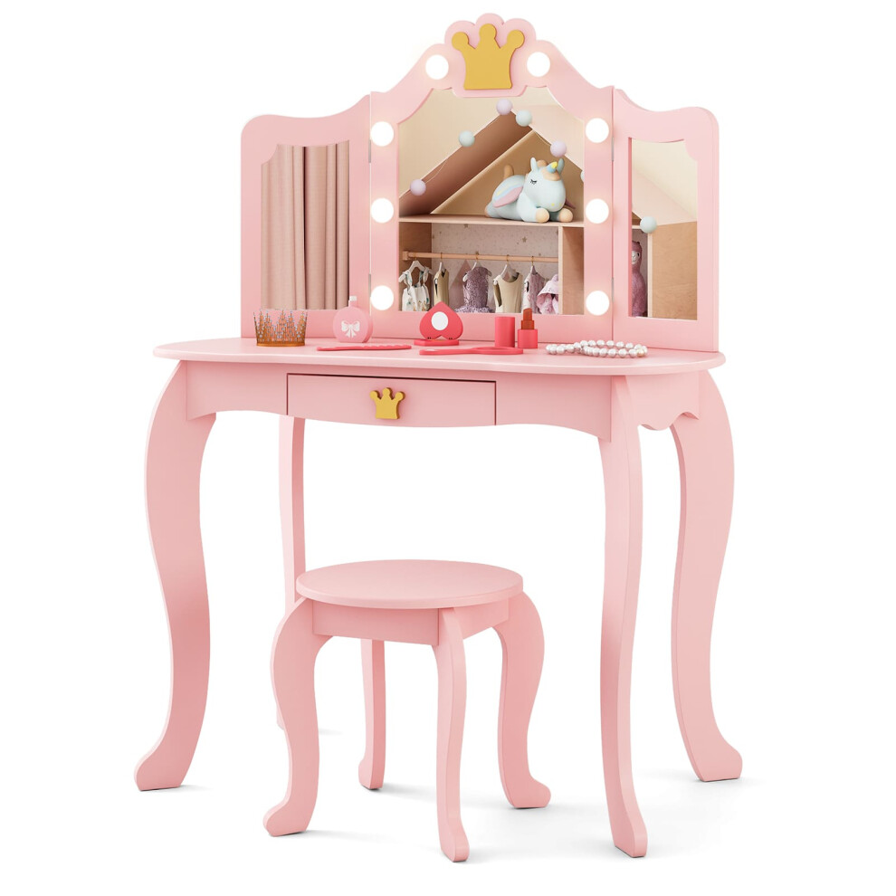 Kids Vanity Set Princess Vanity Table & Chair Set w/Lighted Mirror-Pink