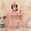 Costway Kids Vanity Set Princess Vanity Table & Chair Set w/Lighted Mirror-Pink 3