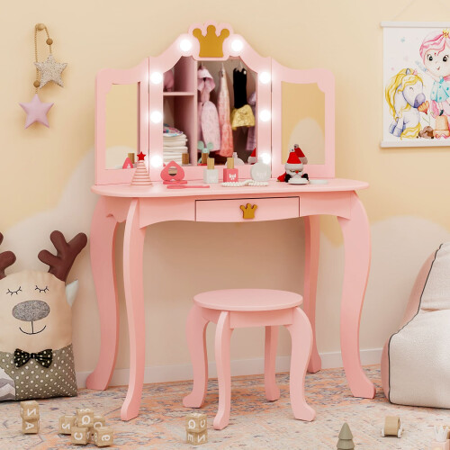Costway Kids Vanity Set Princess Vanity Table & Chair Set w/Lighted Mirror-Pink 2