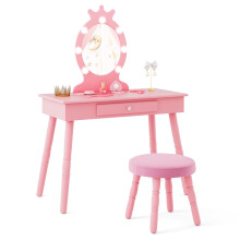 Princess Vanity Table & Chair Set Kids Vanity Set w/Lighted Mirror-Pink