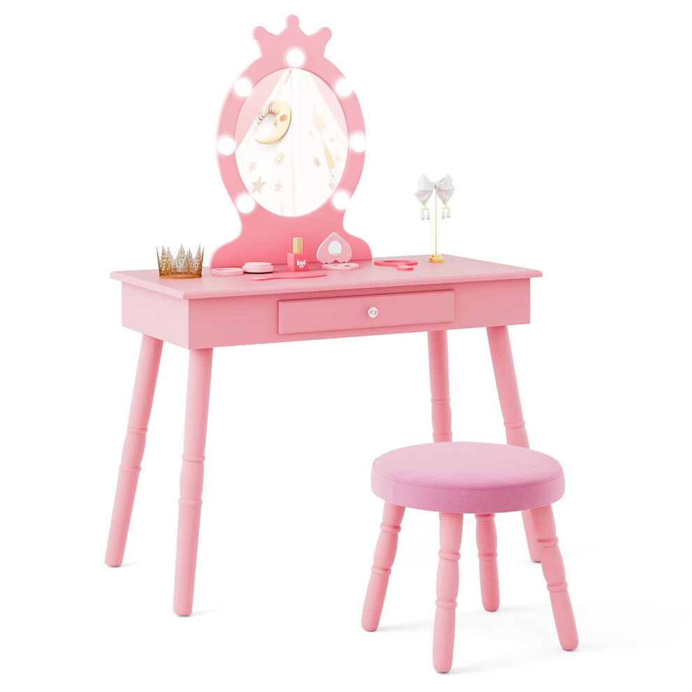 Princess Vanity Table & Chair Set Kids Vanity Set w/Lighted Mirror-Pink